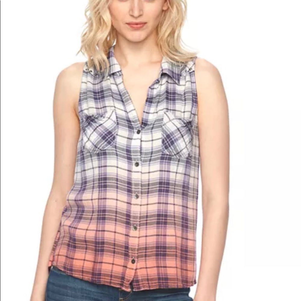 Rock & Republic sleeveless flannel high low ombré XS